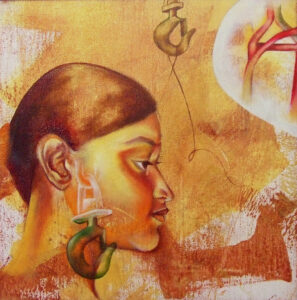 Perfect for home's living room or bedroom or office -Oil Painting or Oil & Acrylic on Canvas by India's best contemporary Artist Renuka Sondhi Gulati, with a female protagonist in Square form